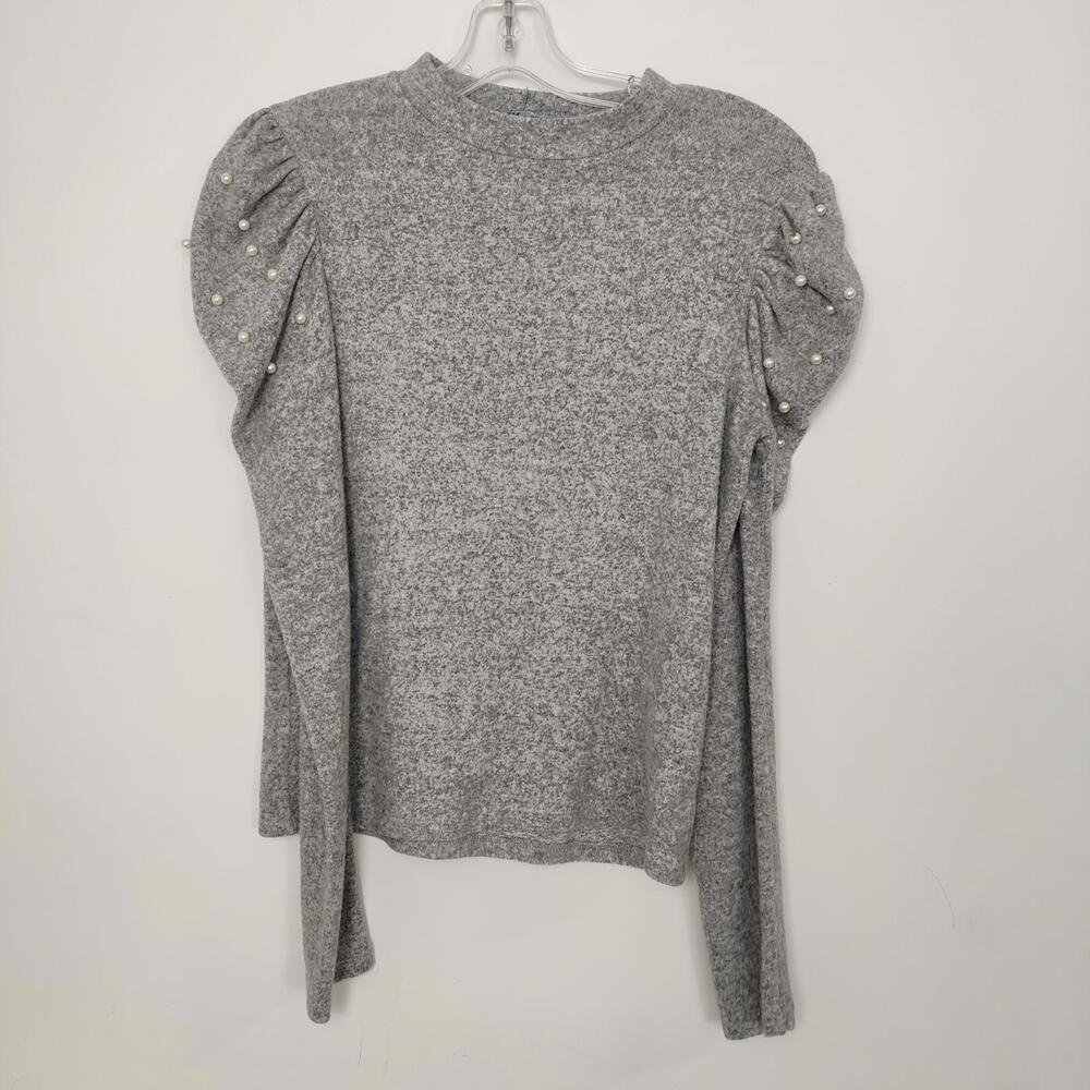 Zara Pearl Puff Sleeve Knit Top Gray Size Medium Feminine Business Casual
